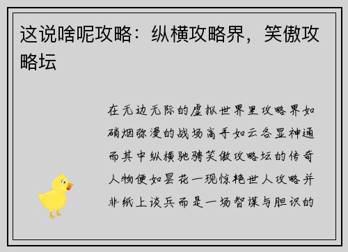 这说啥呢攻略：纵横攻略界，笑傲攻略坛